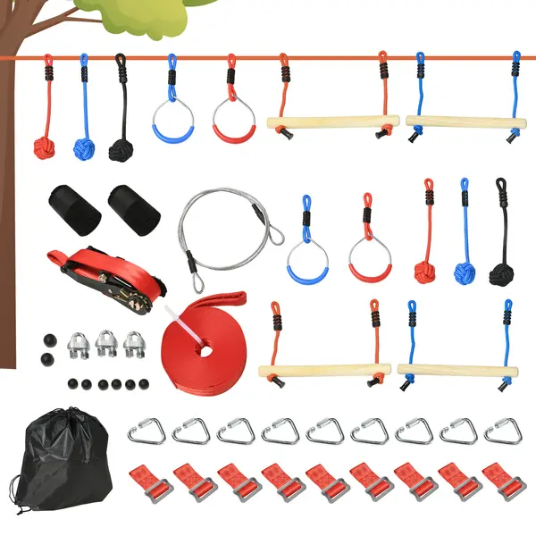 Outsunny Parcurs de obstacole ninja pentru copii, 30 accesorii și sac de transport, slackline 10 m, albastru/negru/roșu | Aosom Romania