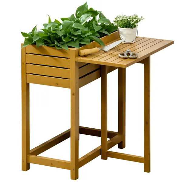 Outsunny Pat de legume cu masa de lucru pliabila, lemn masiv lacuit, captuseala interioara din material netesut, 64cm x 63cm x 74.5cm | Aosom Romania