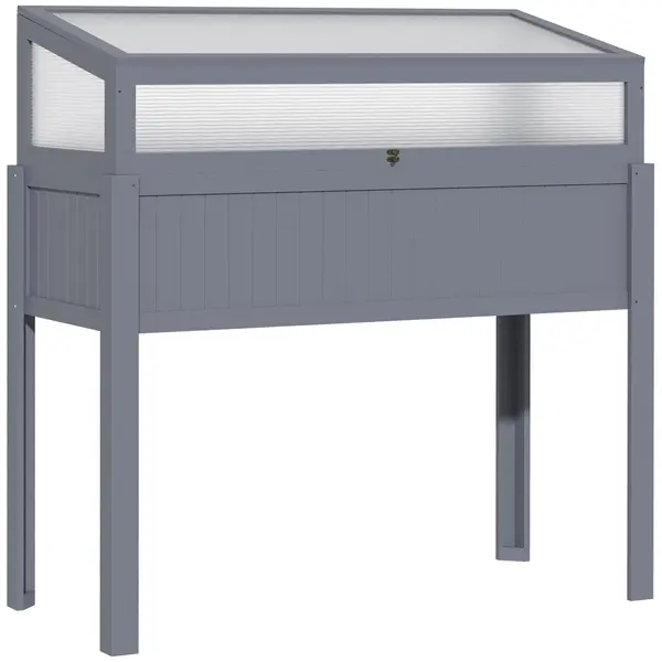 Outsunny Pat inalt din lemn cu sera 2 in 1, Gradina de roșii, Grădină de legume, Pat de plante aromatice, Parcare pentru grădină și terasă din policarbonat, Gri 120 x 54 x 112/122 cm | Aosom Romania