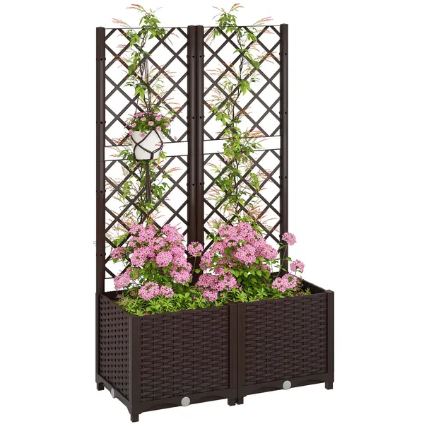 Outsunny Pat Înălțat pentru Grădină cu Spalier și 6 Orificii de Drenaj, 80x40x135 cm, Maro | Aosom Romania