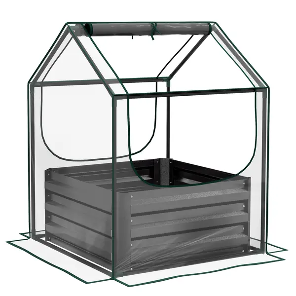 Outsunny Pătrat pentru grădină cu mini-seră, jardiniere ridicată din oțel galvanizat, 70 x 70 x 90 cm, gri închis | Aosom Romania