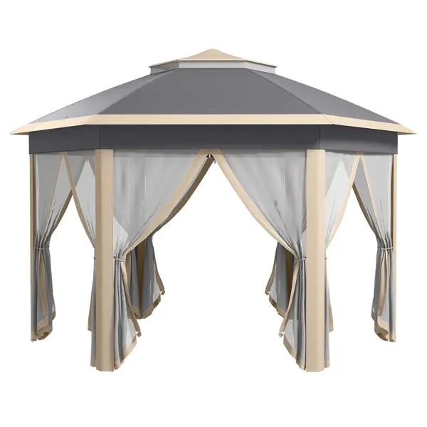 Outsunny Pavilion 4x4m impermeabil pop-up pavilion pliant hexagonal, acoperiș dublu, pavilion de grădină cu 6 părți laterale, cort de petrecere incl. husă de transport, pentru grădină, terasă, festival, Bej+Kaki | Aosom Romania