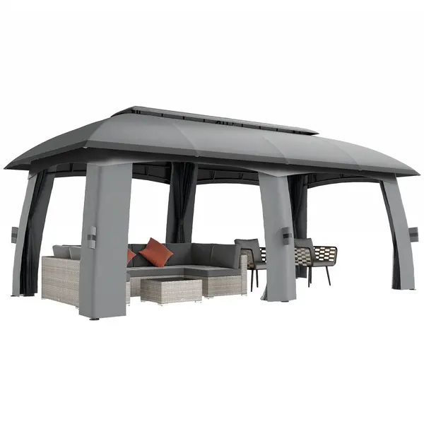 Outsunny Pavilion, Cort de petreceri, cu plase anti-insecte, plafon rezistent la vânt, pentru până la 15 persoane, gri închis, 3 x 6 x 3 m | Aosom Romania