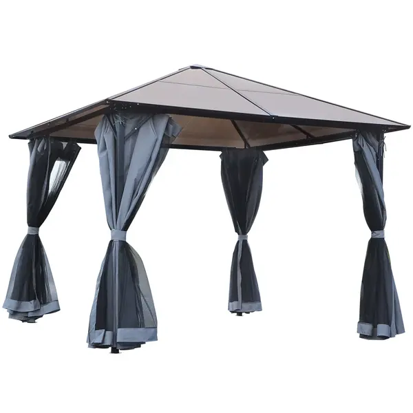 Outsunny Pavilion cu acoperiș din policarbonat, perdele cu plasă de insecte, structură de aluminiu, gri închis, 3 x 3 m | Aosom Romania