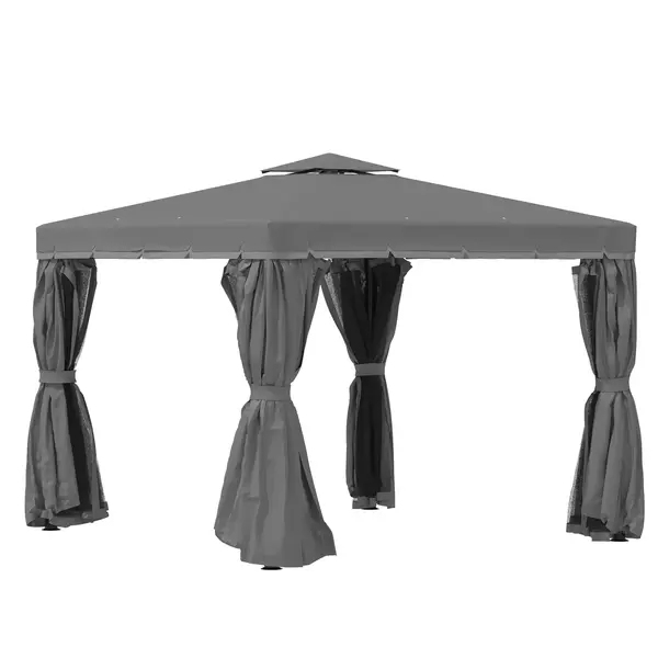 Outsunny Pavilion de grădină 2,96 x 2,96 m, cort cu dublu acoperiș, cort pentru petreceri, 4 părți laterale, plasă de țânțari, rezistent la intemperii, aluminiu/poliester, gri închis | Aosom Romania