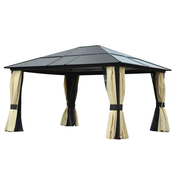 Outsunny Pavilion de grădină Hardtop 4.2 x 3.6 m, Draperii cu plasă împotriva insectelor, Structură din aluminiu, Maro+Crem | Aosom Romania