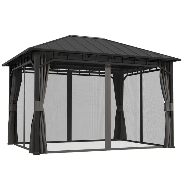 Outsunny Pavilion de grădină, pavilion metalic, impermeabil, rezistent la UV, pavilion pentru terasă cu pereți din plasă și perdele, gri închis | Aosom Romania