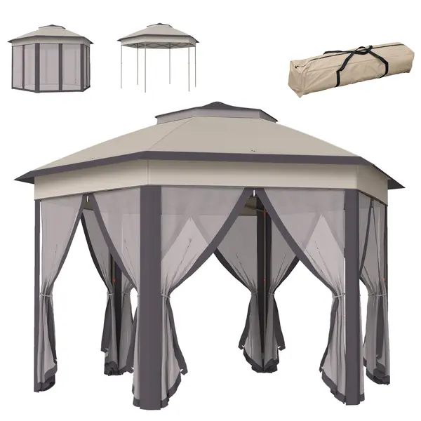 Outsunny pavilion de grădină pliabil 4 x 4 m Pop-Up, cort de petrecere, incl. geantă de transport, 6 părți laterale, acoperiș dublu, hexagonal, bej | Aosom Romania