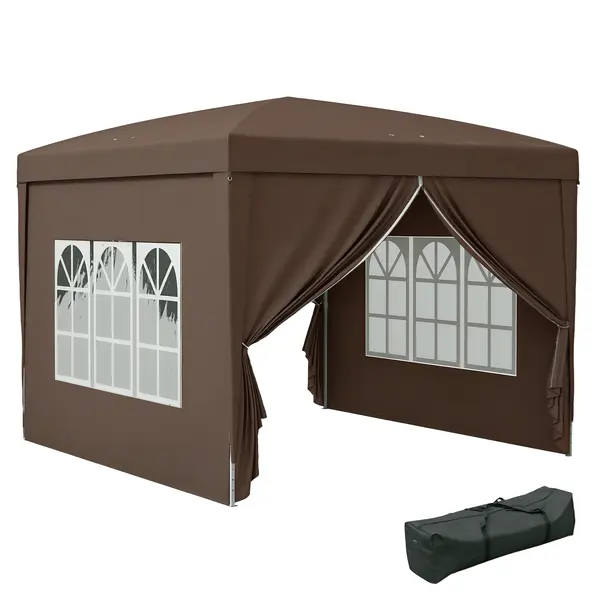 Outsunny Pavilion Pliabil cu 2 Uși, 2 Ferestre, 4 Panouri Laterale și Geantă de Transport, 2.95x2.95x2.58 m, Cafeniu | Aosom Romania