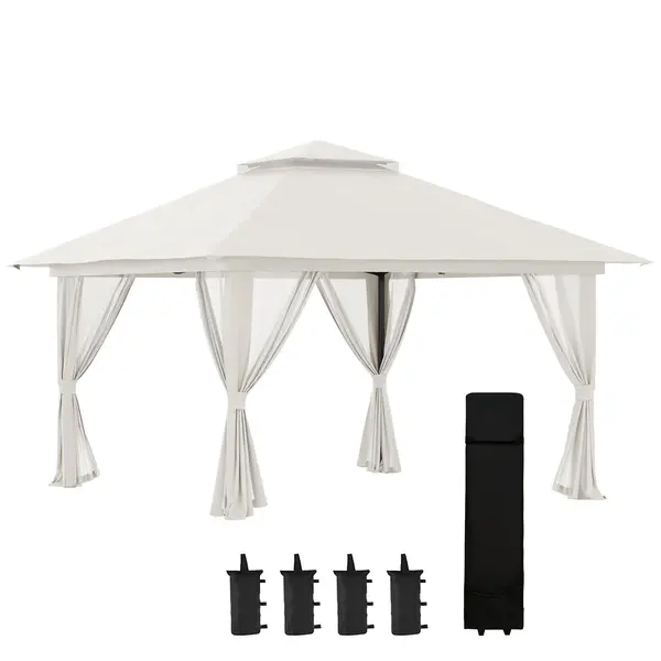 Outsunny Pavilion Pliabil Pop-Up 4x4 m cu Înălțime Reglabilă pe 3 Niveluri, Pavilion Exterior cu Plasă de Țânțari, Saci de Nisip, Geantă de Transport, UV50+, pentru Grădină Camping Petreceri, Crem | Aosom Romania
