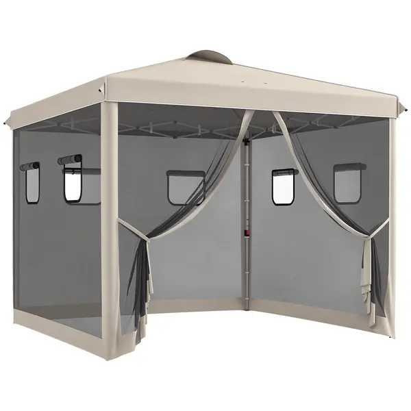 Outsunny Pavilion Pliabil, reglabil în înălțime, perdele de plasă, geantă de transport, structură metalică, 3 x 3 x 3 m, Bej | Aosom Romania