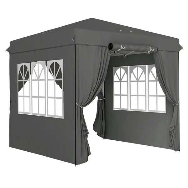 Outsunny Pavilion pop-up 2,5 x 2,5 m cu pereți laterali și geantă de transport, cort de grădină reglabil pe înălțime UPF50+, gri închis | Aosom Romania