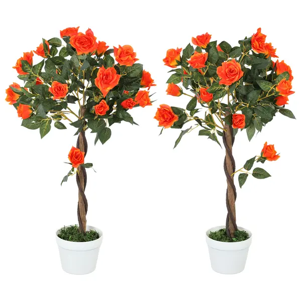 Outsunny Plantă Artificială de Trandafir cu 21 de Flori Ø18x90 cm Portocaliu cu Vas | Aosom Romania