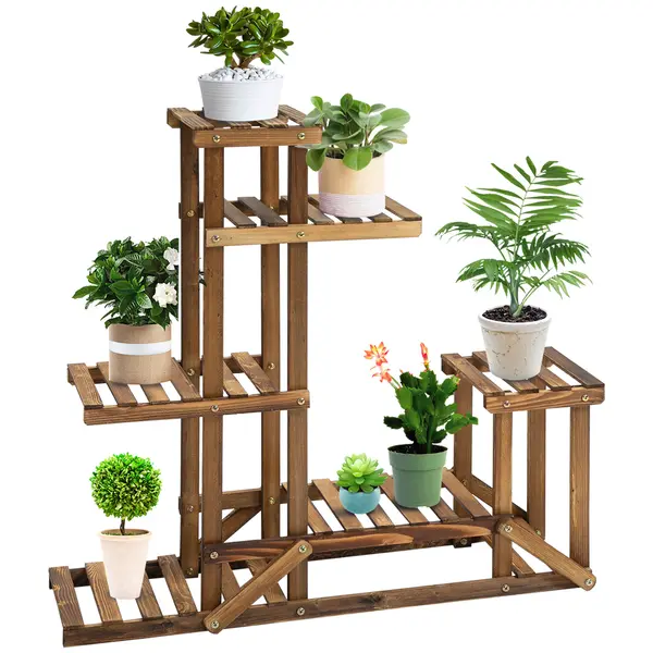 Outsunny Raft pentru Plante si Flori pe 6 Nivele Asimetric, Suport flori din Lemn pentru Gradina si Casa, Culoare Natur | Aosom Romania