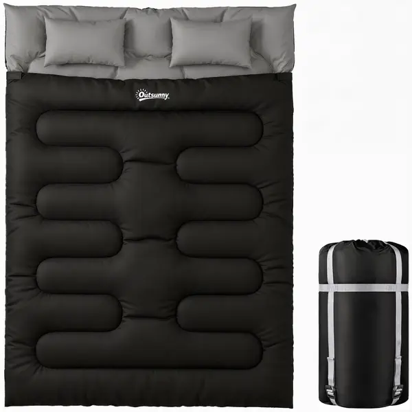 Outsunny Sac de Dormit Dublu pentru Adulți, Matrimonial pentru 2 Persoane, Ușor cu 2 Perne, pentru Climat Rece și Cald, Camping, Drumeții, Rucsac, Negru | Aosom Romania