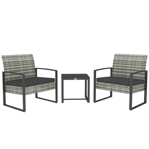 Outsunny Salon de jardin 3 piese 2 scaune cu perne + masă de cafea cu blat din sticlă securizată rășină tressée gri deschis | Aosom Romania