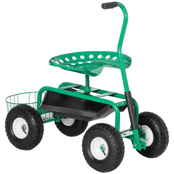 Outsunny Scaun rotativ 360 ° reglabil pe înălțime cărucior de grădină cu spațiu de depozitare Roți mâner scaun de grădină mobil rotativ scaun de lucru în grădină până la 150 kg Cadru metalic scaun de grădină pentru grădinărit Verde | Aosom Romania