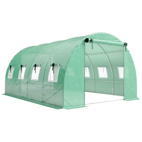 Outsunny Seră cca. 4 x 3 x 2 m, seră din folie cu uși rulante, 2 uși cu fermoar & 8 ferestre cu plasă, tije de susținere, Verde | Aosom Romania