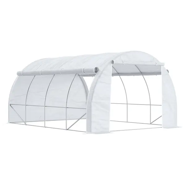 Outsunny Seră cu Tunel cu Ușă, Panouri și 8 Ferestre Rulabile, în Oțel Zincat și PE, 3.97x3x2 m, Alb | Aosom Romania
