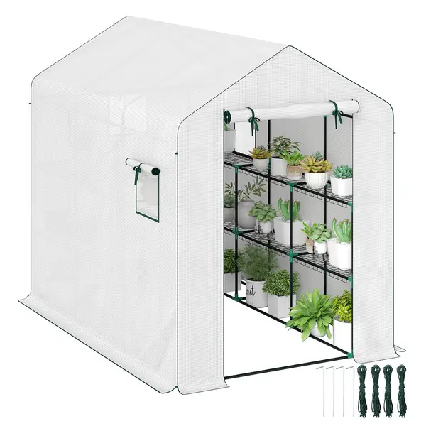 Outsunny Sera de grădină 3 m² cu rafturi 3 niveluri, PE renforcée 135 g/m² anti-UV, ușă rulabilă și ferestre din plasă | Aosom Romania