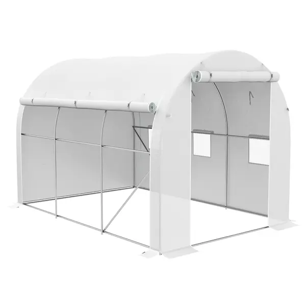 Outsunny Seră de grădină 6 m² dim. 3 x 2 m cu 1 ușă + 2 părți laterale cu fermoare, 6 ferestre, Alb | Aosom Romania