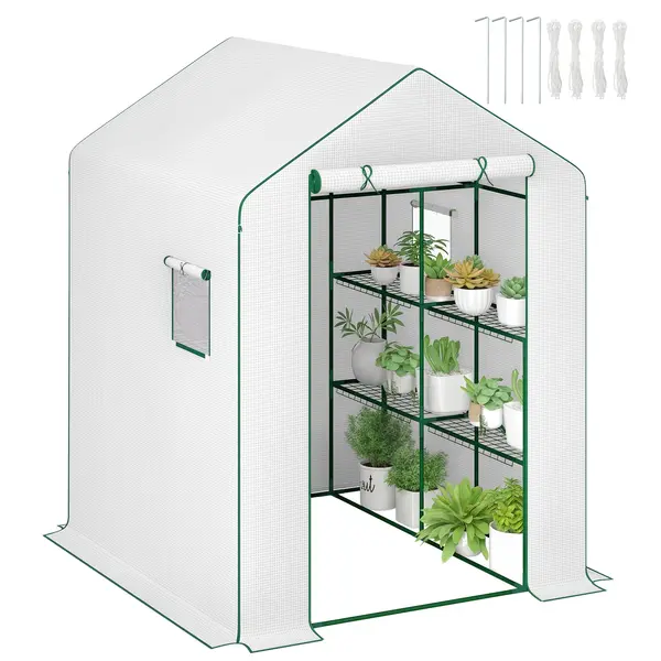 Outsunny Seră de grădină cu 1 ușă 2 ferestre rafturi 3 nivele pentru Legume Plante Flori Pânză PE 140 x 143 x 190 cm alb | Aosom Romania