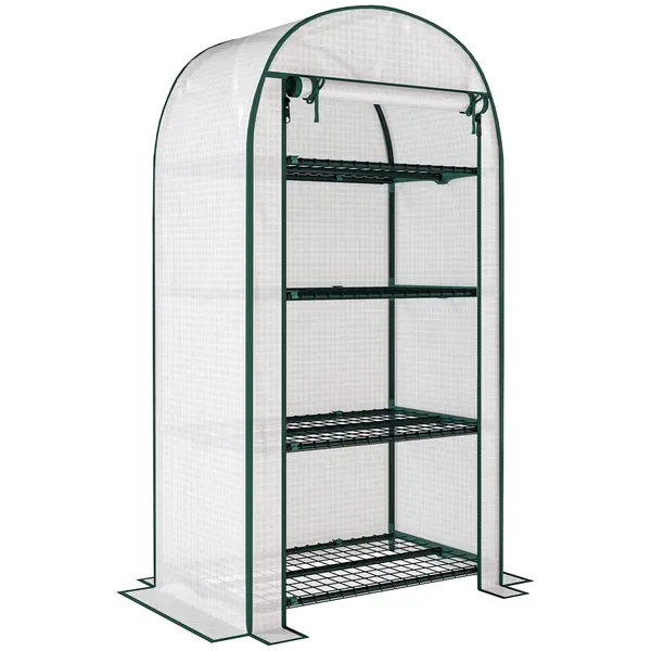 Outsunny Sera de Gradina cu Rafturi din Metal si Copertina din PE, Sera pentre Legume cu Usa Rulou 80x49x160cm, Verde | Aosom Romania