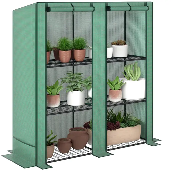 Outsunny Sera de grădină cu rafturi metalice la 3 nivele sera de balcon acoperire PE acoperiș înclinat 144 x 48 x 152 cm verde | Aosom Romania