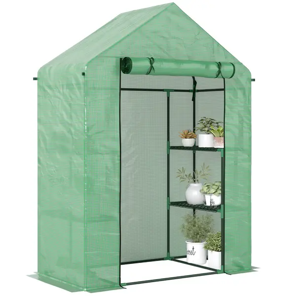 Outsunny Sera de Grădină din Oțel și Plastic PE cu 4 Rafturi, Frânghii și Țăruși Inclusi, 141x72x191 cm, Verde | Aosom Romania