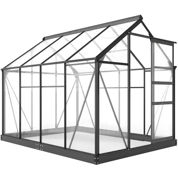 Outsunny Seră de Grădină, Seră din Policarbonat și Aluminiu cu Ușă Culisantă, Ventilație pe Acoperiș și Jgheab, 190x192x201 cm, Gri | Aosom Romania