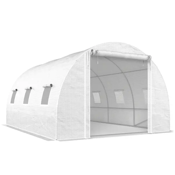 Outsunny Seră de Grădină Tip Tunel 4x3x2 m cu 2 Bare Detașabile, Uși Rulabile și Ferestre cu Plasă, Seră pentru Grădină de Legume și Flori, Structură din Oțel Zincat și Acoperire PE, Alb | Aosom Romania
