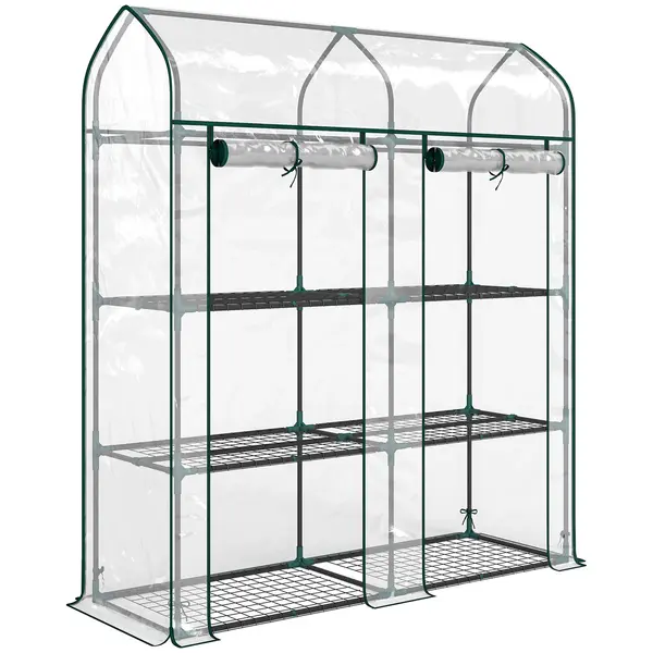 Outsunny Seră mică cu 3 niveluri, 2 uși rulou, cadru din oțel, husă din plastic, 143x46x165 cm, transparent | Aosom Romania