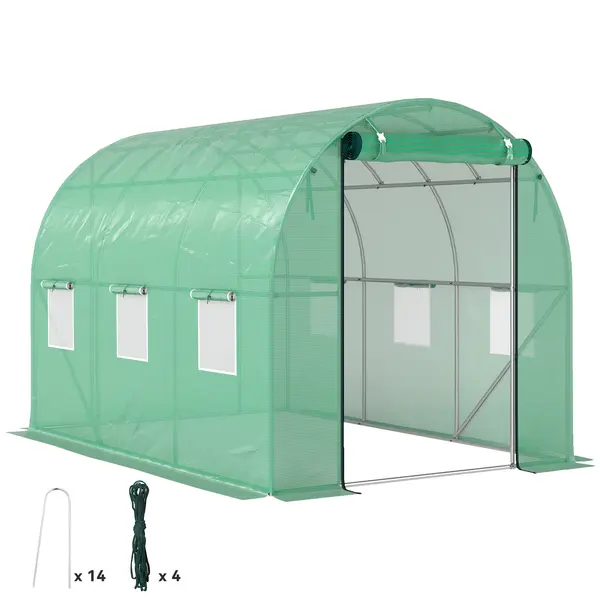 Outsunny Sera tunel de grădină 3 x 2 x 2 m cu ușă înrolabilă și ferestre mari, din oțel galvanizat și PE, verde | Aosom Romania