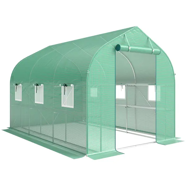 Outsunny Seră tunel de grădină 6 m², seră de grădină cu rafturi, ușă și 6 ferestre, cadru din oțel galvanizat, verde | Aosom Romania