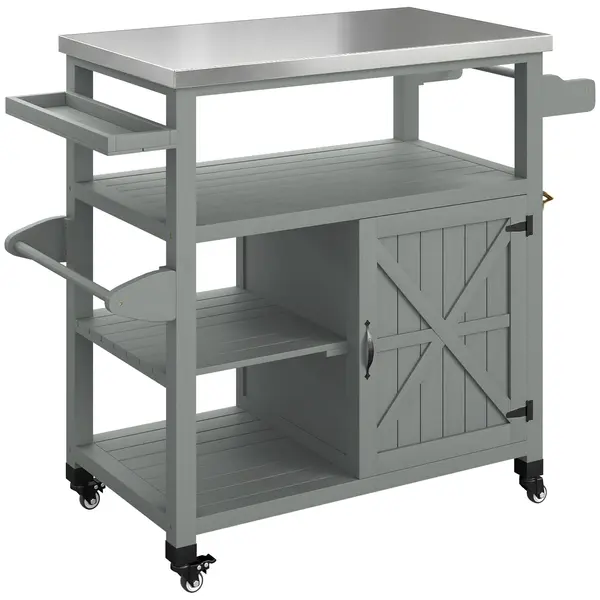 Outsunny Servantă de grădină căruț pentru grătar pe roți cu blat din oțel inoxidabil 107x49,5x92,5cm gri | Aosom Romania