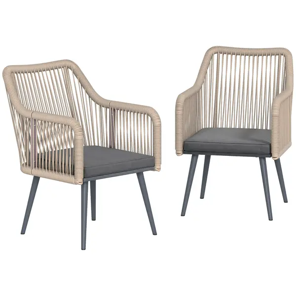 Outsunny Set 2 Scaune de Grădină din Ratan PE cu Perne Moi Lavabile și Brațe, Scaune pentru Dining Exterior din Oțel, pentru Terasă, Balcon, Grădină, Exterior, 54x65x80cm, Gri Închis | Aosom Romania