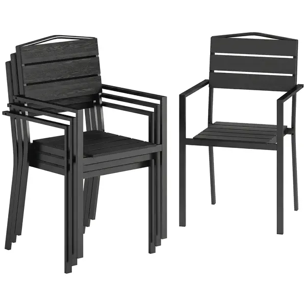 Outsunny Set 4 scaune de grădină Scaune de terasă stivuibile cu design cu lamele și cotiere 52 x 51 x 90 cm Negru | Aosom Romania