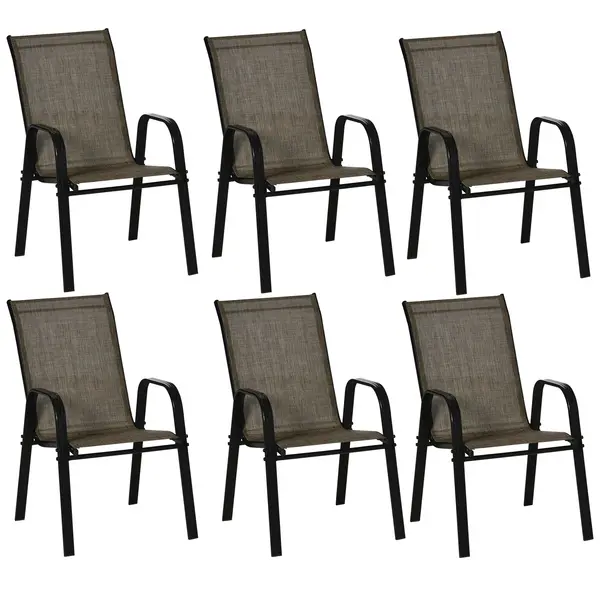 Outsunny Set 6 Piese Scaune de Gradina cu Cotiere, Scaune de Exterior Stivuibile din Metal si Tesatura Respirabila, Maro | Aosom Romania