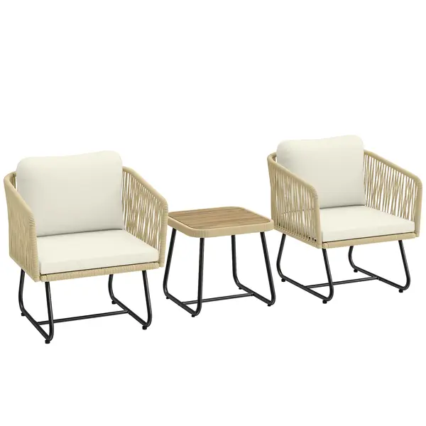 Outsunny Set bistro din ratan 3 piese FSC set mobilier de grădină cu 2 fotolii, masă din lemn cu lamele, perne groase lavabile, cadru din oțel | Aosom Romania