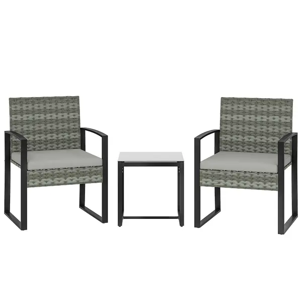 Outsunny Set bistro din ratan, set mobilier de grădină 3 piese cu 2 scaune de grădină, masă de cafea, perne detașabile Gri deschis | Aosom Romania