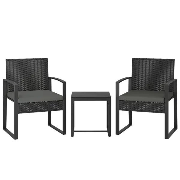 Outsunny Set bistro din rattan, set mobilier de grădină 3 piese cu 2 scaune, masă de cafea, perne detașabile, gri închis | Aosom Romania