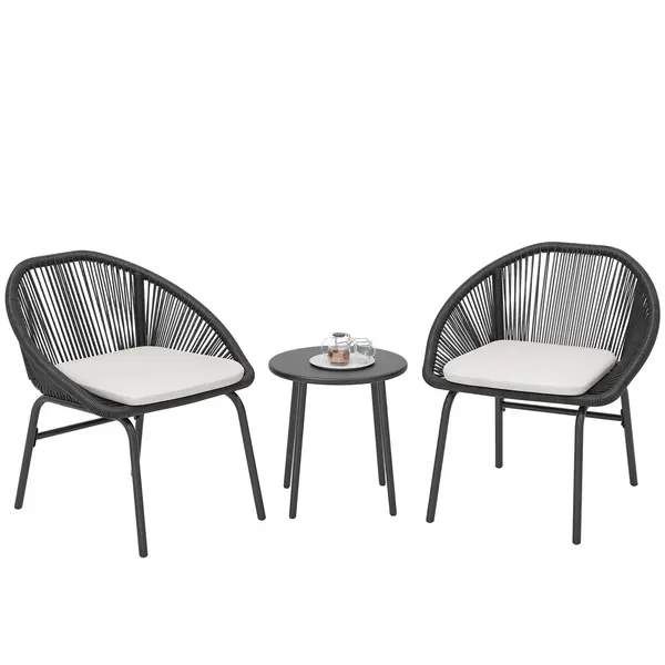 Outsunny Set Bistro pentru Terasa din 3 Piese, Set cu Perne Moi pentru Sezut, Set de Mobilier din Rachita, Negru | Aosom Romania