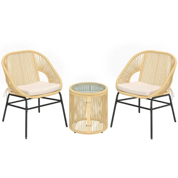 Outsunny Set bistro Rattan 3 piese, set mobilier de grădină cu 2 scaune, masă cu blat din sticlă, perne lavabile, ergonomic | Aosom Romania