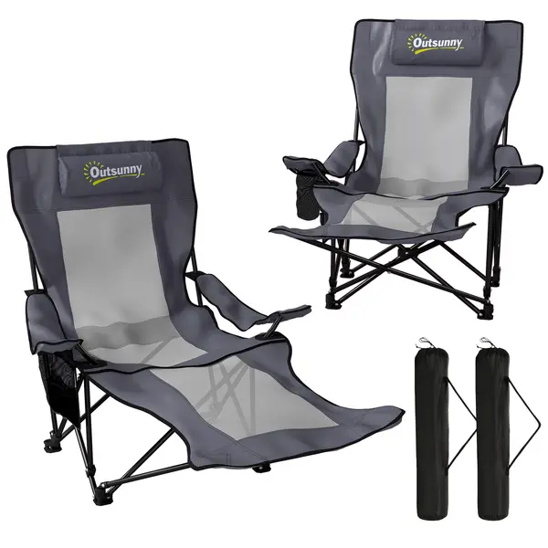 Outsunny Set de 2 scaune camping pliabile, scaun pescuit cu spătar reglabil, suport picioare, suport băuturi, pernă cap, Gri închis | Aosom Romania