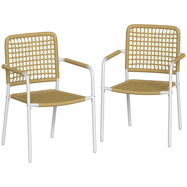 Outsunny Set de 2 scaune de grădină stivuibile din rășină împletită cu cotiere și spătar, 55x57x82cm, galben | Aosom Romania