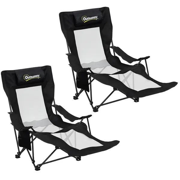 Outsunny Set de 2 Scaune Pliabile Rabatabile pentru Camping cu Suport Picioare Detașabil, Tetieră, Suport Pahar și Husă, Negru | Aosom Romania