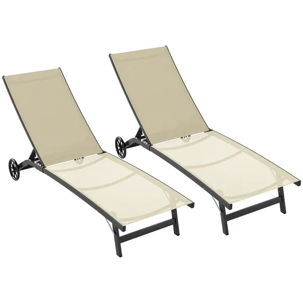 Outsunny Set de 2 șezlonguri din aluminiu și textilenă cu roți, spătar reglabil, sarcină max. 150 kg kaki | Aosom Romania