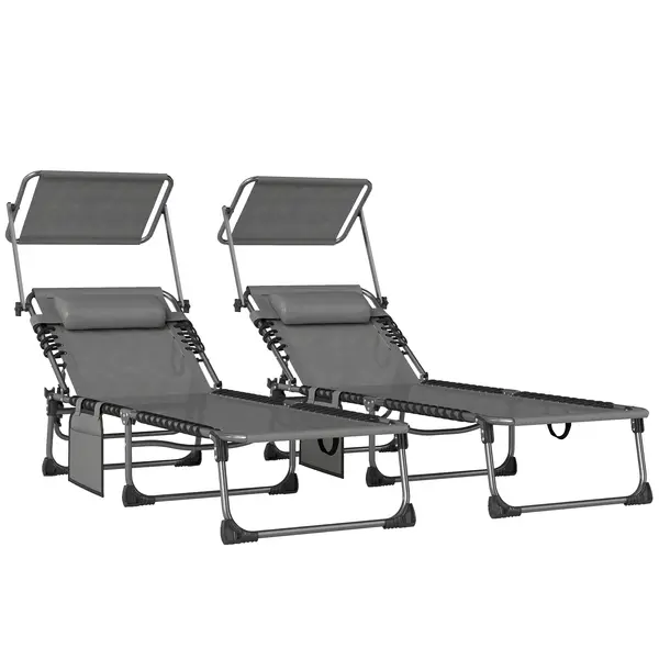 Outsunny Set de 2 șezlonguri pliabile cu pernă pentru cap, told, buzunar lateral și spătar reglabil în 5 poziții, gri | Aosom Romania