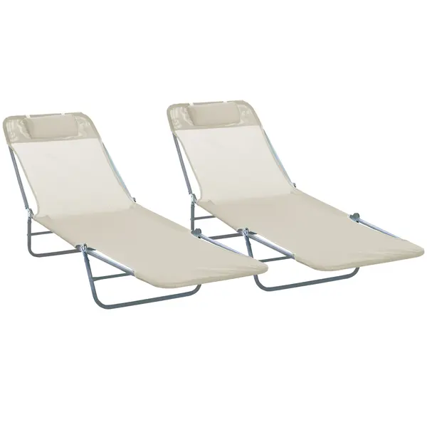 Outsunny Set de 2 Șezlonguri Pliabile pentru Plajă cu Spătar Rabatabil pe 4 Niveluri, Șezlong de Grădină, 137x56x82 cm, Bej | Aosom Romania