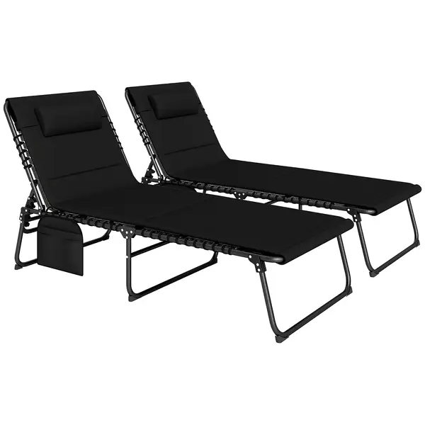 Outsunny Set de 2 șezlonguri pliante pentru grădină cu pernă, spătar reglabil în 5 poziții, buzunar lateral, Negru | Aosom Romania